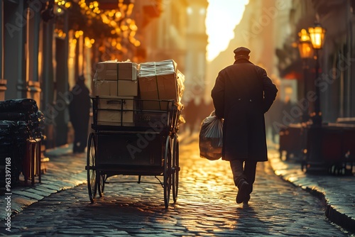 Courier pushing a small metal cart with delicate parcels, smiling as they navigate a busy street.
Afternoon light. Shopping district background.