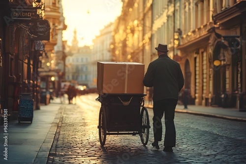 Courier pushing a small metal cart with delicate parcels, smiling as they navigate a busy street.
Afternoon light. Shopping district background.