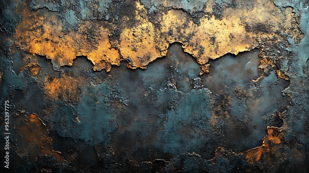 Close-up of a textured, rusty metal surface with a blue and gold color scheme. Close-up of a textured, rusty metal surface with a blue and gold color scheme.