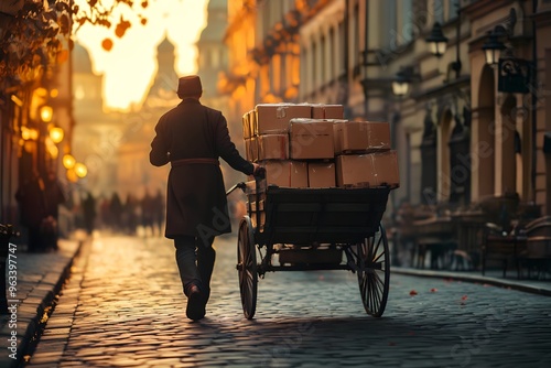 Courier pushing a small metal cart with delicate parcels, smiling as they navigate a busy street.
Afternoon light. Shopping district background.