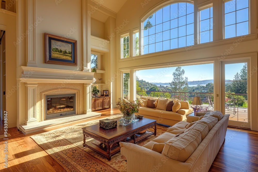Naklejka premium A luxurious living room with a large fireplace and hardwood floors opens to an exterior view through expansive windows.