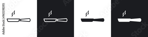 Frying pan outlined and solid icon vector collection.