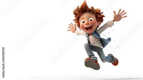 Lively Cartoon Scene | Young Boy Jumping - white background