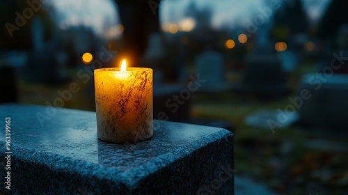 All Saints' Day. Lighted, elegant votive candle on a marble tombstone, on a cemetery. Visiting and decorating graves. generative ai