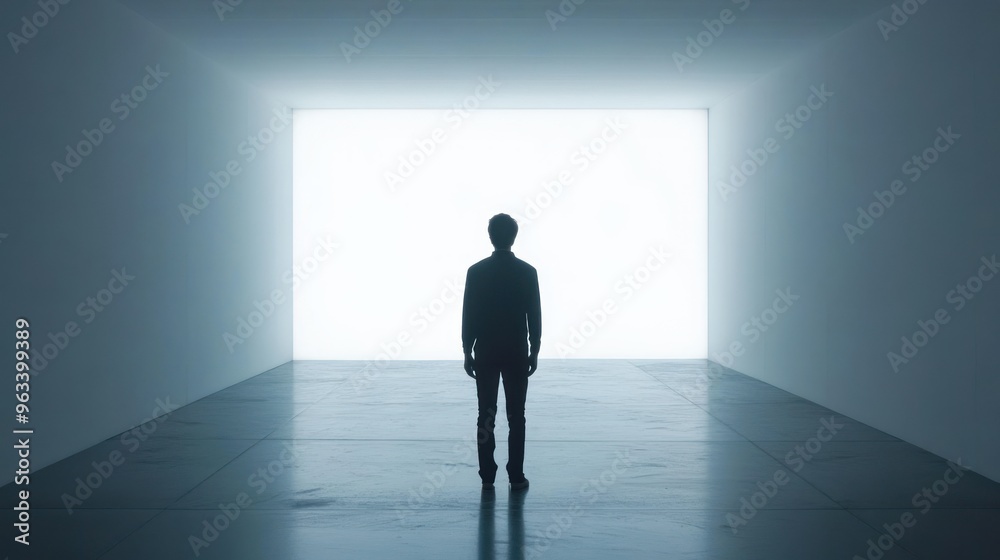 A lone figure stands facing a bright, white doorway in a minimalist room A lone figure stands facing a bright, white doorway in a minimalist room
