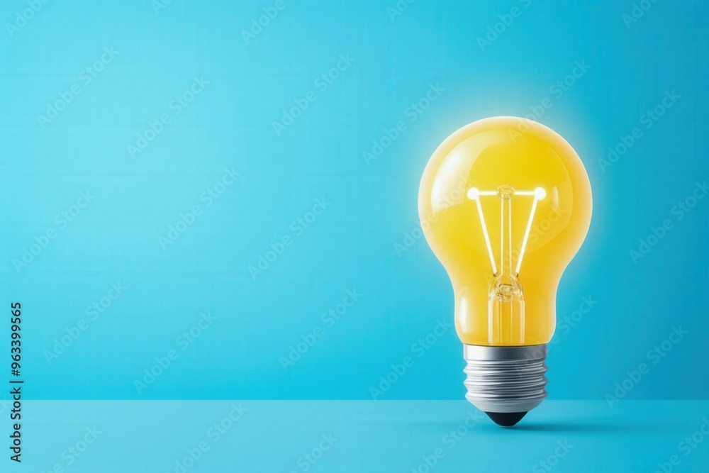 Bright yellow light bulb on a vibrant blue background, symbolizing creativity, innovation, and inspiration in a minimalistic design. Bright yellow light bulb on a vibrant blue background, symbolizing creativity, innovation, and inspiration in a minimalistic design.