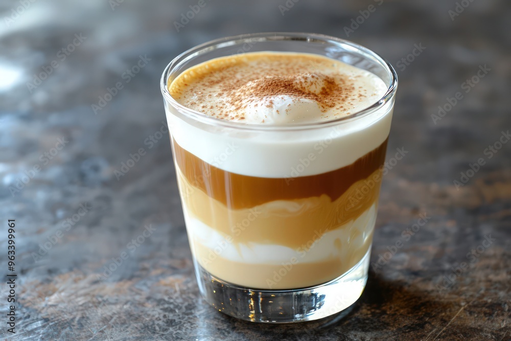 A layered latte macchiato, the espresso delicately suspended over frothed milk, presented in a clear glass. A layered latte macchiato, the espresso delicately suspended over frothed milk, presented in a clear glass.
