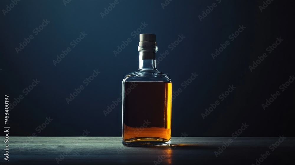 A Single Bottle of Amber Liquid on a Dark Wooden Surface A Single Bottle of Amber Liquid on a Dark Wooden Surface