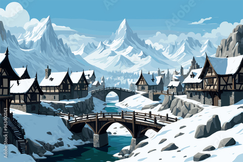 Snow Covered Medieval Village with Stone Bridge and River