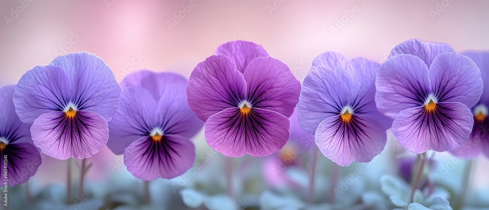 Close-up of Purple and Lavender Pansy Flowers with Soft Pink Background Close-up of Purple and Lavender Pansy Flowers with Soft Pink Background