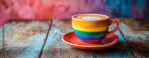 LGBTQ Collective. A cup of coffee in rainbow colors. Space for text.