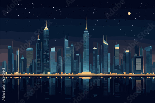 A glowing city skyline at night, featuring tall skyscrapers and building lights reflecting on water