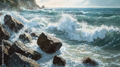 There are pebbles in the water and the ocean is choppy. A dramatic and captivating scene is being created by the waves crashing against the coast. The rocky shoreline adds a sense of ruggedness photo