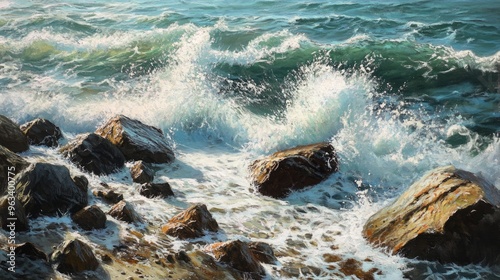 There are pebbles in the water and the ocean is choppy. A dramatic and captivating scene is being created by the waves crashing against the coast. The rocky shoreline adds a sense of ruggedness photo