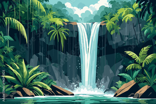 Tropical Waterfall Cascading into a Serene Jungle Pool