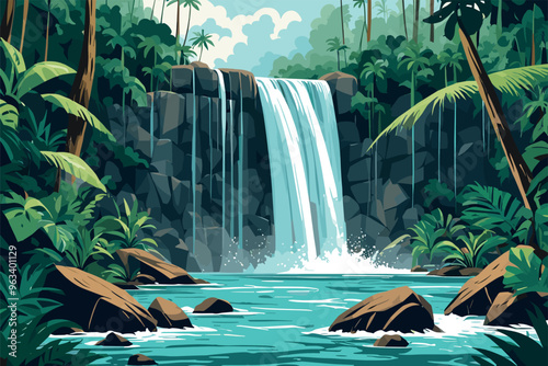 Tropical Waterfall Cascading into a Serene Jungle Pool