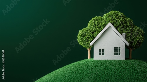 A minimalist house on a green hill, surrounded by trees, symbolizing tranquility, nature, and eco-friendly living.