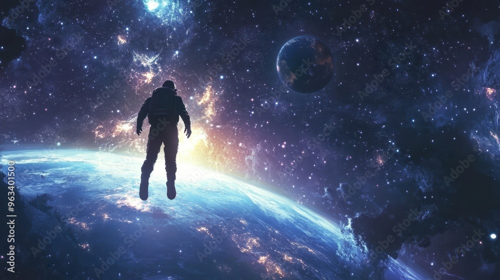 Ethereal Journey Among Stars and Galaxies - Surreal Artwork of Floating Person with Glowing Earth in Distance Ethereal Journey Among Stars and Galaxies - Surreal Artwork of Floating Person with Glowing Earth in Distance