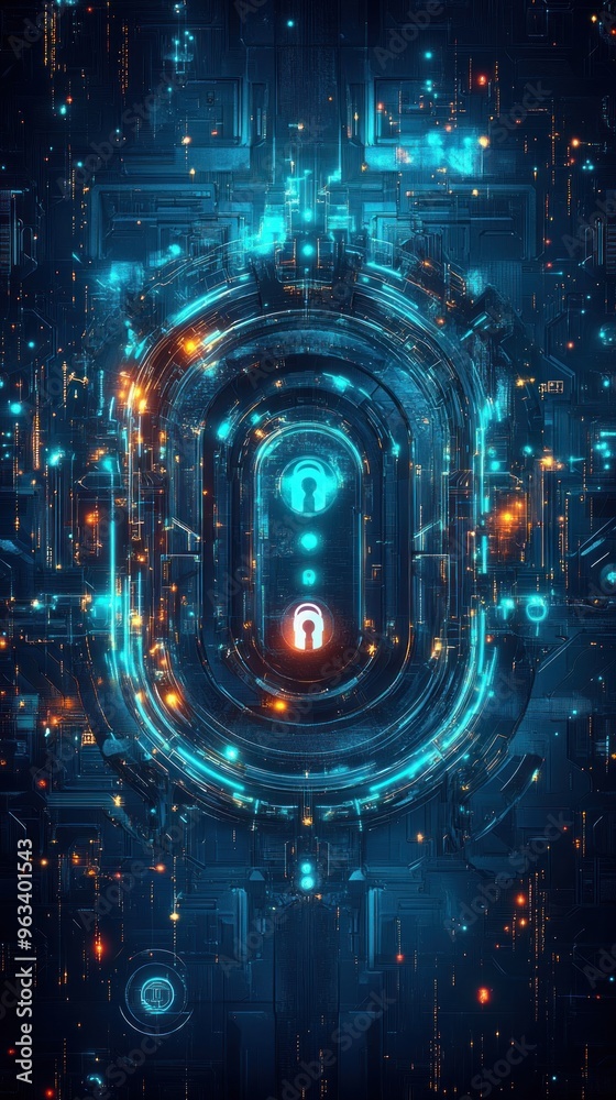 Abstract digital lock with glowing lines and keyhole