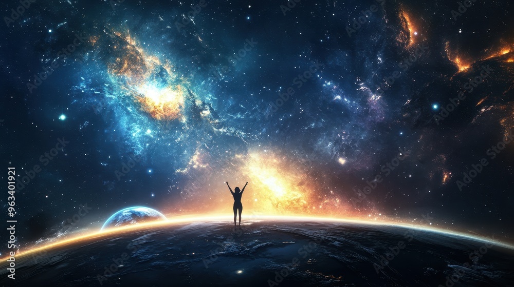 Reaching for the Stars: Mystical Figure Embracing the Cosmos with Earth and Galaxies Illuminating the Horizon Reaching for the Stars: Mystical Figure Embracing the Cosmos with Earth and Galaxies Illuminating the Horizon