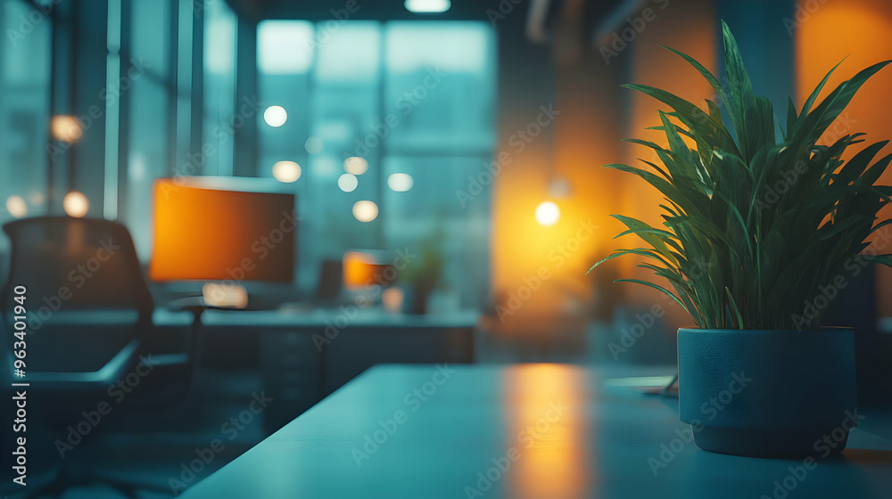 Empty Office 3D Illustration with Plant, Desk, and Computer Empty Office 3D Illustration with Plant, Desk, and Computer