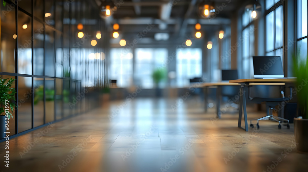 Modern Office Interior 3D Illustration: Empty Workspace with Wooden Floor, Glass Partitions, and Warm Lighting Modern Office Interior 3D Illustration: Empty Workspace with Wooden Floor, Glass Partitions, and Warm Lighting