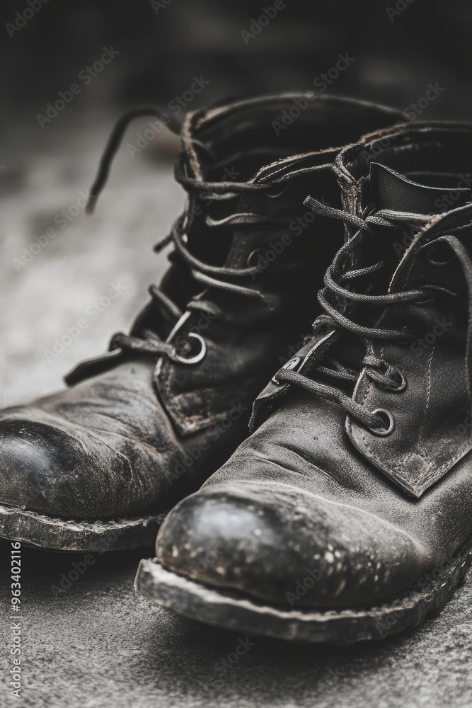 Worn Leather Boots on Ground Surface Worn Leather Boots on Ground Surface
