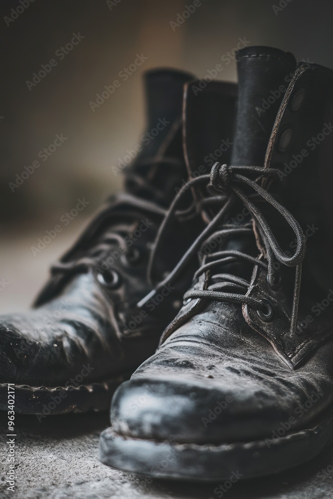 Worn Leather Boots on Concrete Surface Worn Leather Boots on Concrete Surface