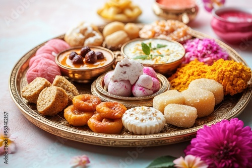 An elegant background featuring traditional Indian thalis (ceremonial plates) with tika, sweets, and roli, set against a soft pastel backdrop photo