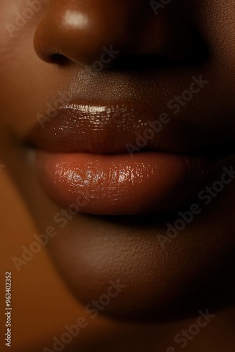 Close-up of Glossy Lips on Dark Skin Tone