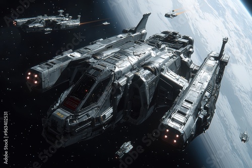Futuristic sci fi spacecraft soaring through space, concept of interstellar travel, exploration, and advanced technology