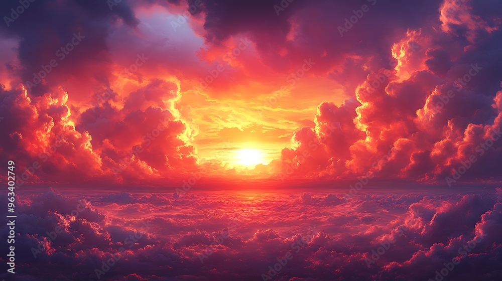 Fototapeta premium Vibrant sunset sky with fiery clouds, the sun peaking through the clouds.