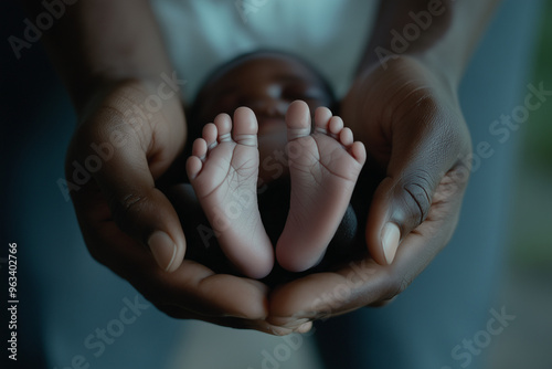 A close up of a black african american tiny baby's body with their legs and bottom of their feet facing the camera resting gently in the hands of an adult, symbolizing care and tenderness photo