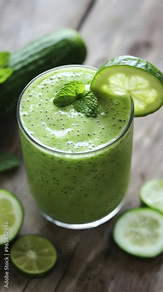 Freshly Blended Green Smoothie with Cucumber Garnish Freshly Blended Green Smoothie with Cucumber Garnish