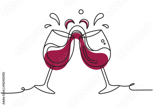 two glasses of wine,minimalist line art design of two wine glasses clinking with splashes of red wine 