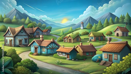 A village with charming cottages next to mountains and hills under a bright summer sky