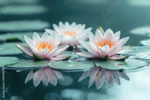 Water lilies gently floating on a clear pond, their reflections perfectly mirrored, with a peaceful background and copy space around the edges