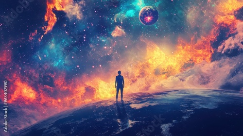 Alien Explorer on Distant Planet under Earth's Watchful Eye - Cosmic Adventure Artwork with Glowing Stars Illuminating the Night Sky