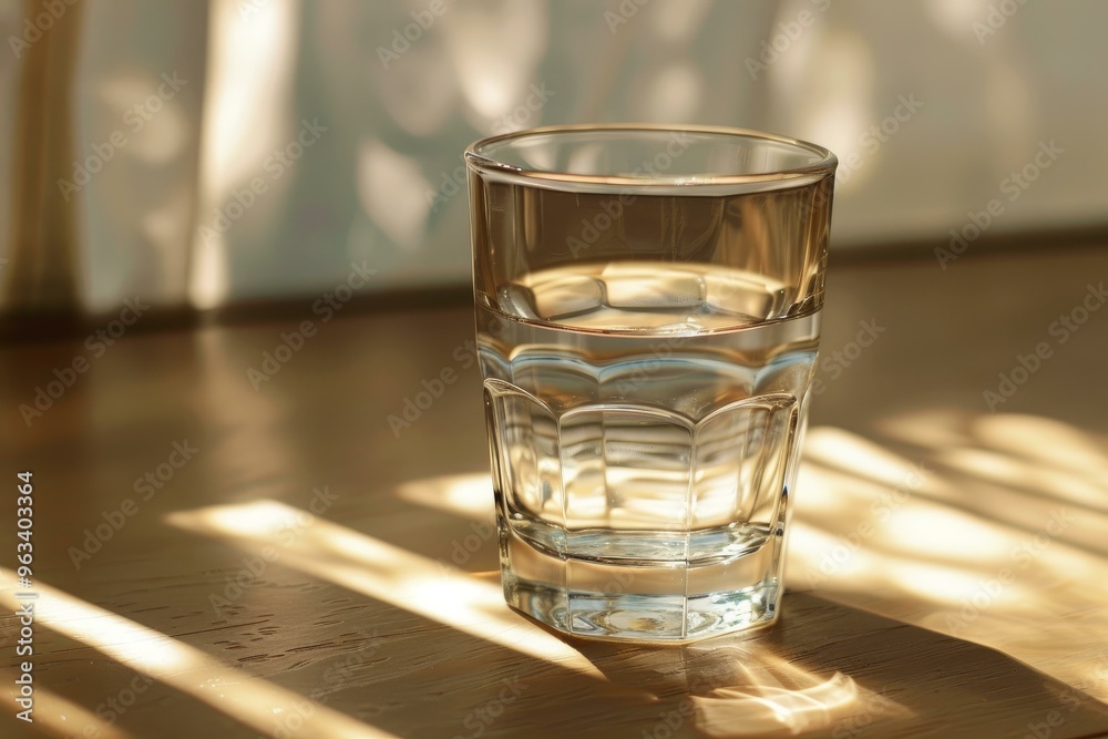 Transparent glass of water is standing on a wooden table, with sunlight casting shadows through it Transparent glass of water is standing on a wooden table, with sunlight casting shadows through it