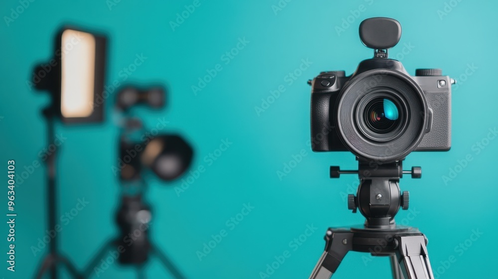 Close-up of a professional camera on a tripod with studio lighting in the background, perfect for photography-related projects. Close-up of a professional camera on a tripod with studio lighting in the background, perfect for photography-related projects.