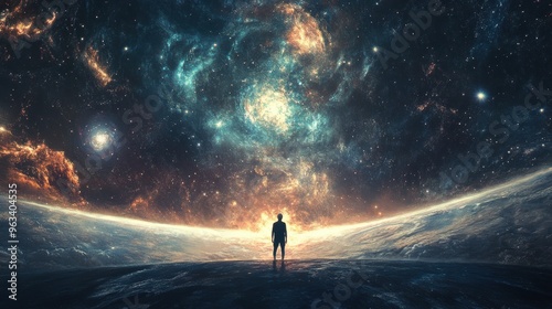 Captivating Surreal Scene: Person on Cosmic Edge with Glowing Stars and Galaxy