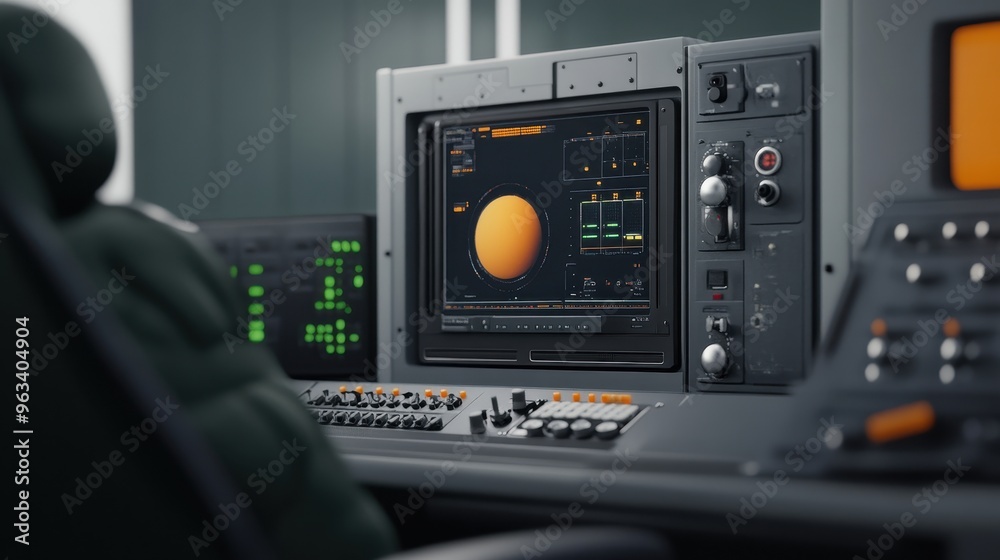 Fototapeta premium Futuristic control room interface showcasing screens with graphical data and bright orange displays, perfect for technology themes.