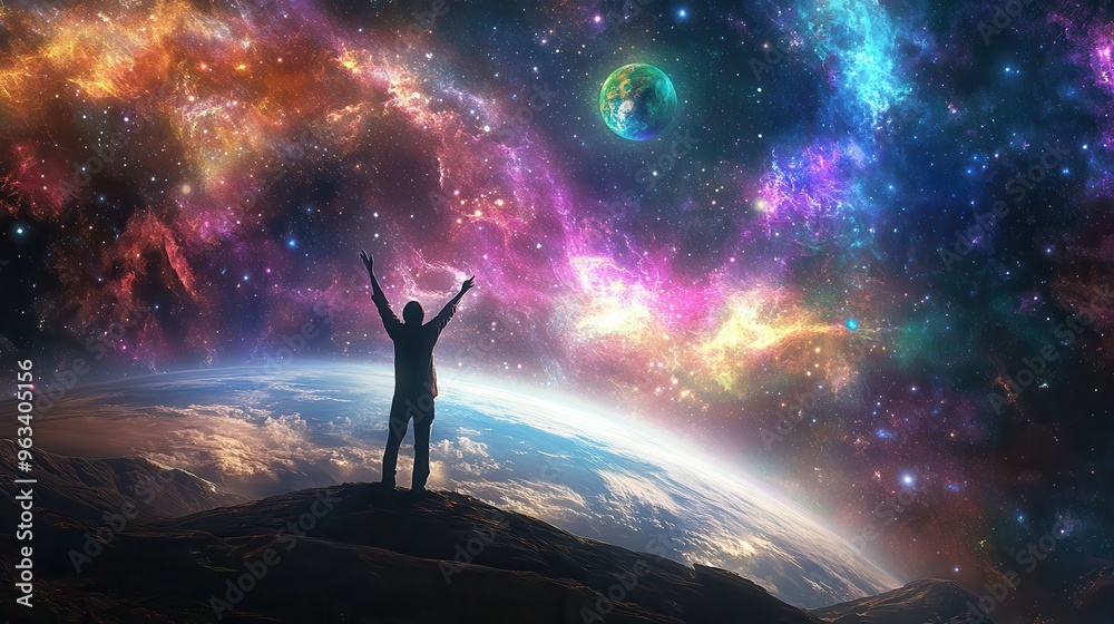 Reaching for the Stars: Magical Person in Celestial Galaxy Landscape Reaching for the Stars: Magical Person in Celestial Galaxy Landscape