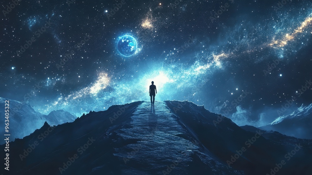 Journey Across the Celestial Highway - Person Walking on Starry Path with Earth and Galaxies in the Night Sky Journey Across the Celestial Highway - Person Walking on Starry Path with Earth and Galaxies in the Night Sky