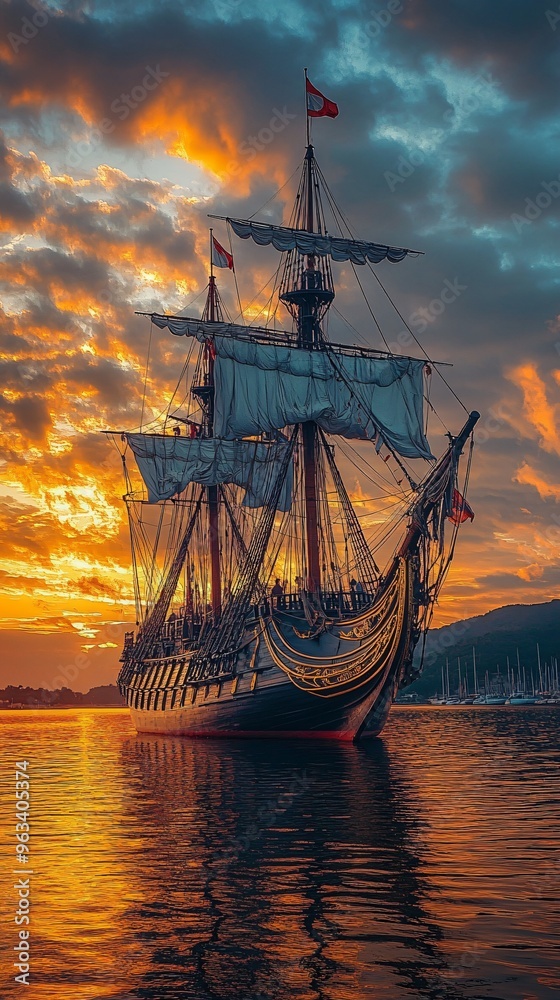 Obraz premium Antique Ship at sunset