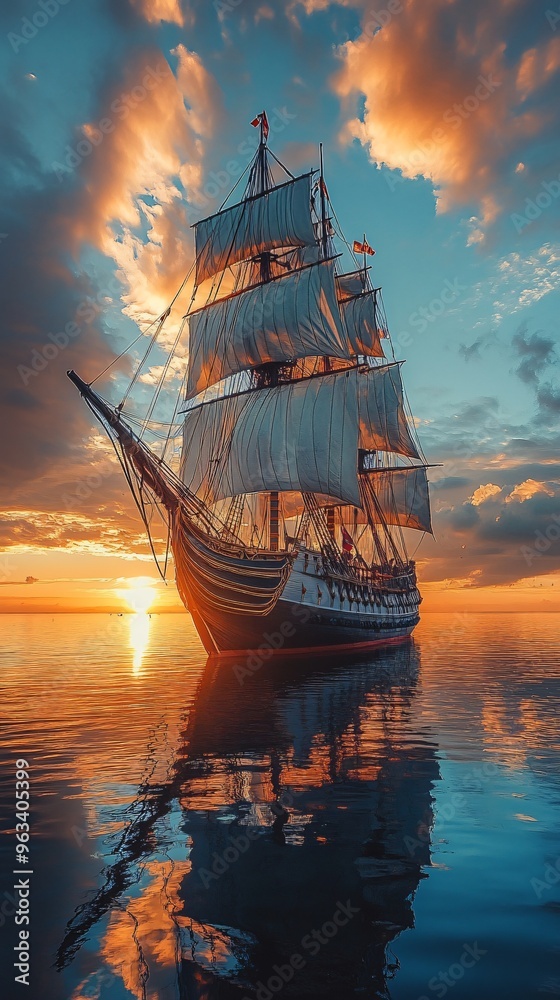Obraz premium Antique Ship at sunset