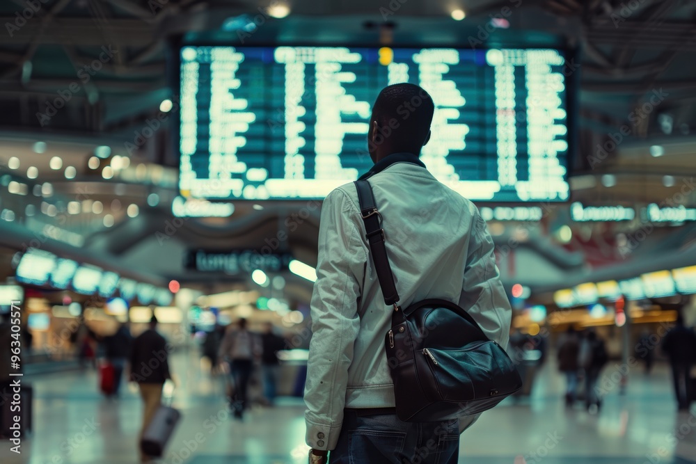 Man in business attire looking at travel times on a board while standing alone at a train station Man in business attire looking at travel times on a board while standing alone at a train station