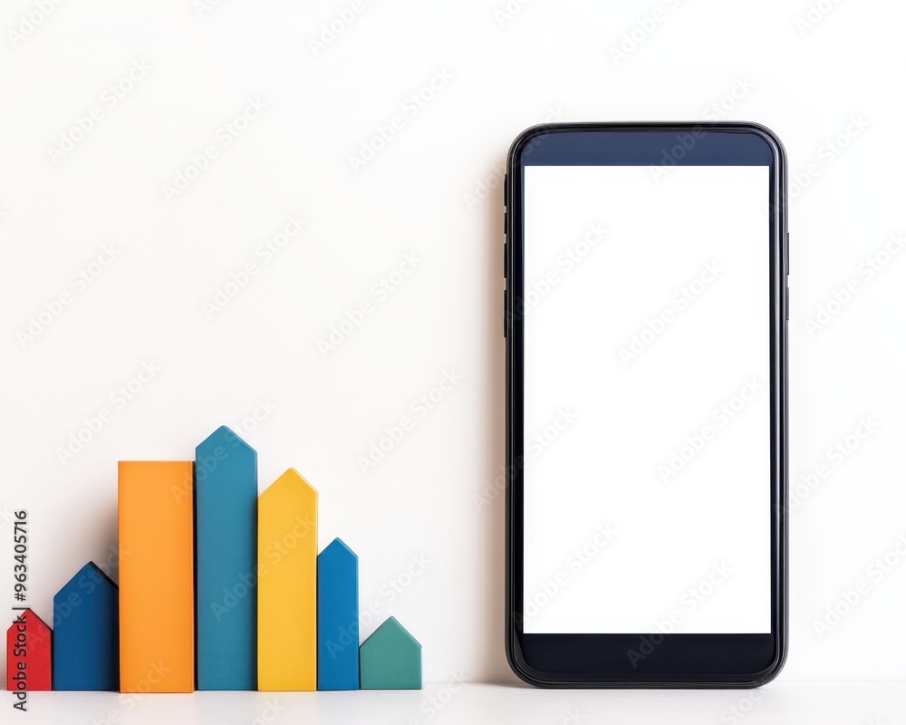 Modern smartphone with a blank screen positioned beside colorful bar graphs on a white background for business or technology concepts. Modern smartphone with a blank screen positioned beside colorful bar graphs on a white background for business or technology concepts.