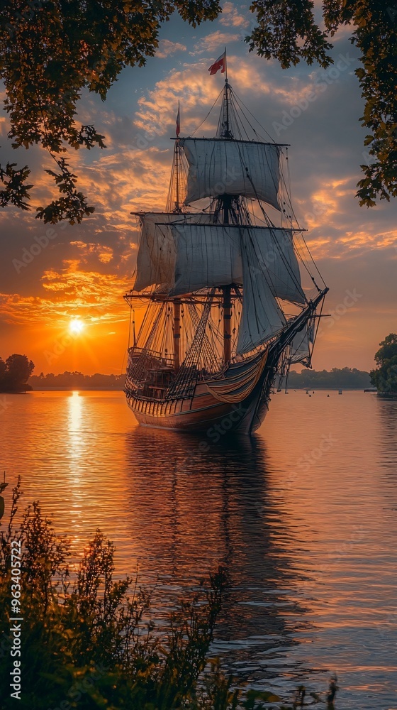 Obraz premium Retro Ship at Sunset