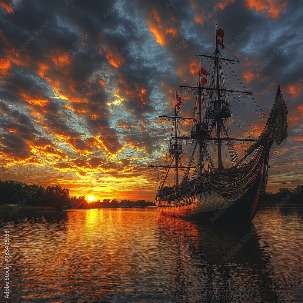 Obraz premium Retro Ship at Sunset